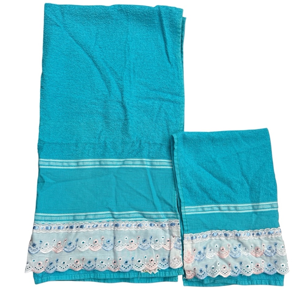 Vintage De Limas Brazilian Blue Cotton Bath & Hand Towel Set w/ Embroidered Hem